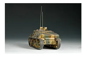 A 1/35 scale model of a German Artillery Observation 38h vehicle, painted in a camouflage pattern with two tall radio antennas.