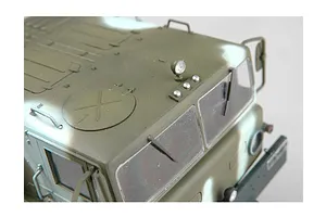 Close-up of the roof and windshield area of a painted 1/35 scale KZKT-537L military truck model kit.
