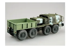 A 1/35 scale plastic model of a KZKT-537L airfield truck, painted in a green and white camouflage pattern, viewed from the rear three-quarter angle.
