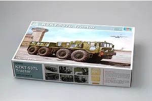 A product box for a Trumpeter 1/35 scale KZKT-537L airfield tractor model kit, featuring artwork of the military vehicle on an airfield.