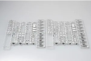 Two identical grey plastic model kit sprues containing various vehicle parts and wheel hubs for a 1/35 scale model.