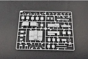 A grey plastic sprue containing various unpainted model parts for a 1/35 scale military vehicle kit.
