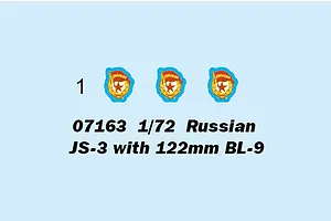 Decal sheet detail for Trumpeter 1/72 Russian JS-3 model kit showing three identical Soviet-style emblem decals labeled with the number 1.