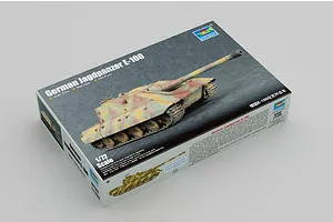 Trumpeter 1/72 scale German Jagdpanzer E-100 plastic model kit box featuring a camouflage painted tank model on a grey background.