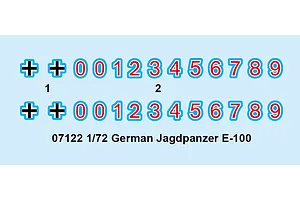 A decal sheet for a 1/72 scale Trumpeter German Jagdpanzer E-100 model kit, featuring two sets of Balkan crosses and numbers 0-9.