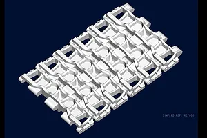 A 3D digital render of a section of Russian tank tracks on a dark blue background.