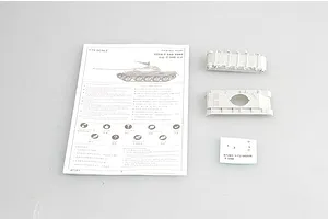 Trumpeter 1/72 scale T-54B tank model kit contents including instruction manual, plastic hull parts, and a small decal sheet on a white background.