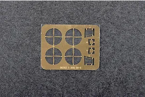 A photo-etched brass fret for a 1/350 scale Trumpeter SH-5 model kit, featuring four propeller assemblies and four small frame parts on a grey felt background.