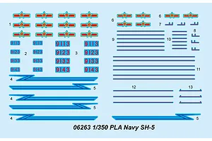 A decal sheet for a 1/350 scale Trumpeter PLA Navy SH-5 model kit, featuring red star insignias, identification numbers, and various blue stripes.