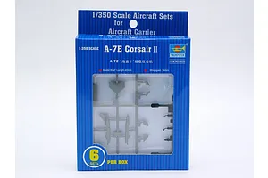 Trumpeter 1/350 scale A-7E Corsair II aircraft model kit box showing plastic sprues inside.