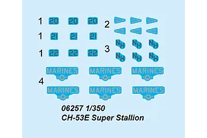 A digital decal sheet for a 1/350 scale Trumpeter CH-53E Super Stallion model kit, featuring numbers, letters, and US Marines markings.