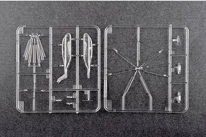 Two clear plastic model kit sprues containing helicopter parts for a 1/350 scale Trumpeter CH-53E Super Stallion model.