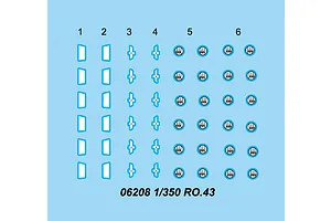 A digital decal sheet for 1/350 scale IMAM Ro.43 aircraft models, featuring various national insignia and markings on a light blue background.