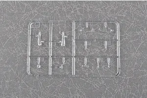 A clear plastic sprue containing small model aircraft parts for a 1/350 scale Re.2000 model kit, set against a grey textured background.