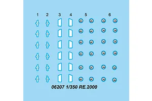 A decal sheet for 1/350 scale Trumpeter Re.2000 aircraft model kits, featuring various national insignia and markings on a light blue background.