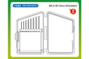 A line drawing illustration of an open storage case containing eight drill bits ranging from 0.3mm to 1.0mm in diameter.