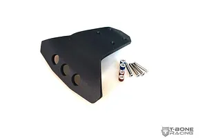 T-Bone Racing black front bumper for Traxxas 1/16 E-Revo with included mounting hardware and spacers on a white background.