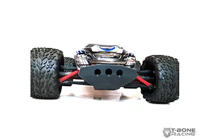 Front view of a Traxxas 1/16 E-Revo RC car fitted with a black T-Bone Racing front bumper.