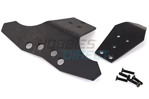 T-Bone Racing black front basher bumper kit for Traxxas Stampede 4x4, including two plastic bumper pieces and four mounting screws.