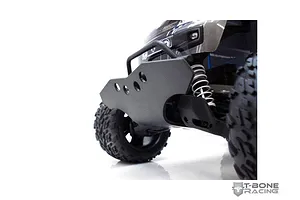A close-up view of a black T-Bone Racing front basher bumper installed on a Traxxas Stampede 4x4 RC truck.