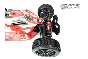 A T-Bone Racing front bumper installed on an ARRMA Typhon 6S RC buggy, viewed from the front-side against a white background.