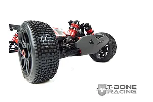 A T-Bone Racing front bumper installed on an ARRMA Typhon 6S RC buggy, showing the black plastic bumper mounted to the front chassis.