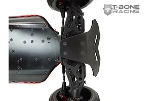 A T-Bone Racing front bumper installed on an ARRMA Typhon 6S RC buggy chassis, viewed from below against a white background.