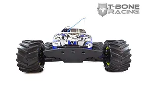 Front view of a Traxxas E-Maxx RC monster truck equipped with a black T-Bone Racing front bumper and chassis brace, set against a white background.
