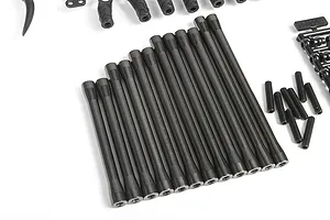 A set of black aluminium suspension links for an Axial SCX10 II RC crawler, arranged on a white background with threaded rods and plastic parts.