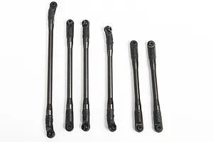 A set of six grey aluminium suspension links for an Axial SCX10 II RC crawler, arranged vertically on a white background.