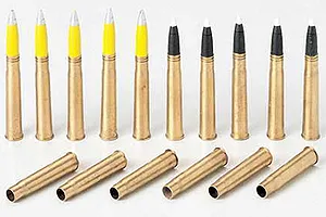 A set of 1/35 scale brass 88mm projectiles and shell casings for a Tamiya Tiger I model kit, arranged in rows on a white background.