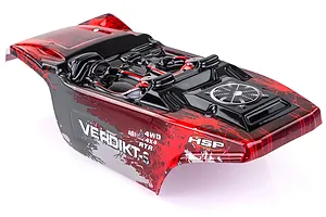 A red and black pre-painted RC rock racer body shell for the HSP Verdikt-S, featuring a detailed cockpit and spare tire detail on a white background.