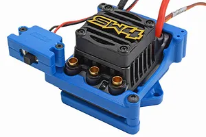 A blue RPM ESC cage mounted to a Castle Sidewinder 4 electronic speed controller on a white background.