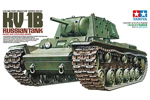 Box art for Tamiya 1/35 scale Russian KV-1B tank model kit, featuring an illustration of the green tank with applique armor.