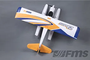 Top-down view of the FMS Super EZ V3 RC seaplane in white, orange, and blue livery against a grey background.