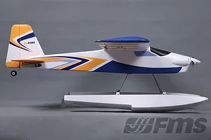 Side profile of the FMS Super EZ V3 RC seaplane in white, blue, and yellow livery, mounted on floats against a grey background.