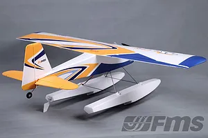 FMS Super EZ V3 RC seaplane trainer with white, yellow, and blue livery, mounted on floats against a grey background.