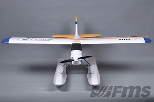 Front view of the FMS Super EZ V3 RC seaplane, featuring a white, yellow, and blue color scheme with floats attached.