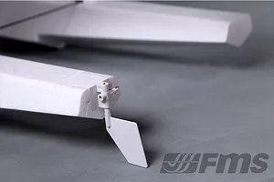 Close up of the white foam float and water rudder assembly on an FMS RC seaplane.