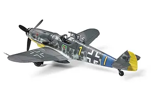 A fully assembled and painted 1/72 scale Tamiya Messerschmitt Bf109 G-6 model aircraft on a white background.