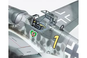 Close-up of a Tamiya 1/72 scale Messerschmitt Bf109 G-6 model aircraft showing the cockpit area, canopy, and fuselage markings.