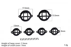A set of six black circular light guards with grid patterns, including two large and four small pieces, with mounting screws and dimension labels.