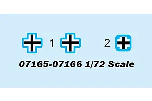 A digital decal sheet preview for a 1/72 scale model kit showing German Balkenkreuz markings with reference numbers 1 and 2.
