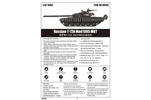 Instruction manual page for Trumpeter 1/35 Russian T-72A Mod 1985 tank model kit, showing assembly tips, tool icons, and decal application instructions.