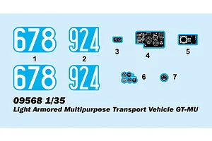 A decal sheet for a 1/35 scale Trumpeter GT-MU model kit, featuring numbers 678 and 924, and various vehicle instrument panel graphics.
