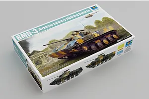 A product box for a Trumpeter 1/35 scale BMD-3 Airborne Infantry Fighting Vehicle plastic model kit, featuring box art of the tank in a field.