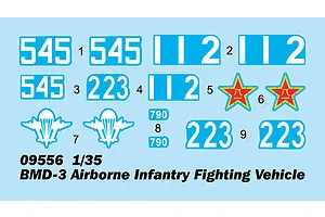 A decal sheet for a 1/35 scale Trumpeter BMD-3 model kit featuring various numbers, red star insignias, and parachute emblems on a light blue background.