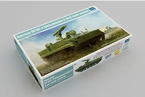 A product box for the Trumpeter 1/35 scale Russian 9P157-2 Khrizantema-S Anti-Tank System model kit, showing box art of the vehicle in a field.