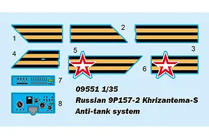 A digital decal sheet for a 1/35 scale Trumpeter Russian 9P157-2 Khrizantema-S model kit, featuring striped markings, red star emblems, and instrument panels.