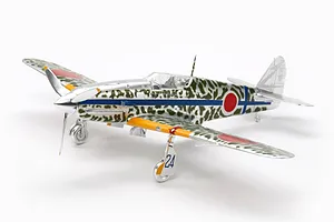 A fully assembled and painted 1/72 scale plastic model of a Kawasaki Ki-61-Id Hien Tony fighter aircraft, featuring a silver and green camouflage scheme.